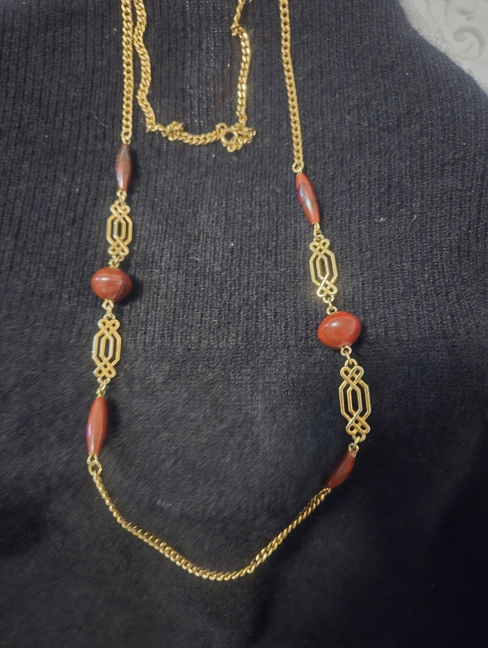 Gold-Tone Necklace with Red Beads - Elegant Women's Jewelry